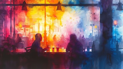 A good time in a pub, depicted in watercolor. Generative Ai.