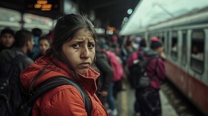 Fototapeta premium group of immigrants in crowded busy train station with passengers waiting to board.