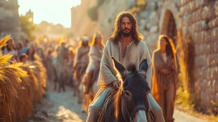 Palm Resurrection, Entry of the Lord into Jerusalem, Jesus Christ on a donkey. Christian...