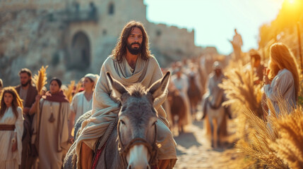 Palm Resurrection, Entry of the Lord into Jerusalem, Jesus Christ on a donkey. Christian photography for church religious Easter publications