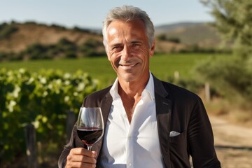 Portrait of happy senior man holding glass of red wine in vineyard - Powered by Adobe