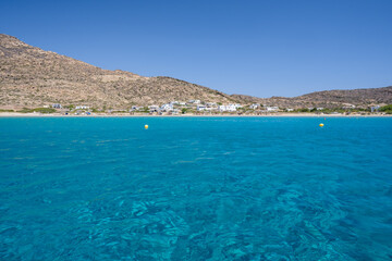 View of the most amazing turquoise beach of Tripiti, on a beautiful day on the island of Ios Greece