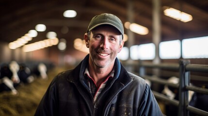 Cheerful dairy farmer in well-maintained barn fulfilled by humane sustainable farming - obrazy, fototapety, plakaty