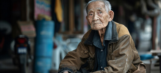 Fototapeta premium war immigrant elderly man in a worn jacket sitting looking into the distance