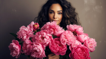Beautiful young latino woman with long curly hair holding huge bunch of pink peonies against grey wall 
