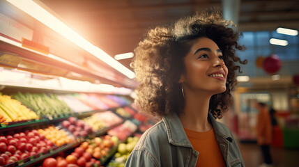 Young smiling woman shopping in grocery store