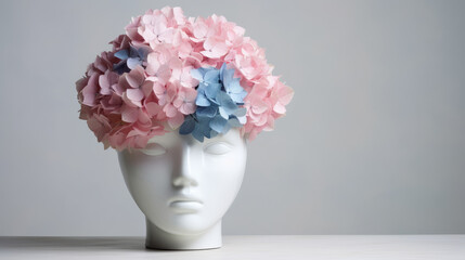 White ceramic vase in shape of head with bunch of pink and blue hydrangea flowers on table against gray background. Minimalism. Home decor.