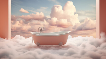 Fantasy dreamy bathroom, big bathtub and view of cloudy blue sky with pink big clouds. Concept of relaxation.