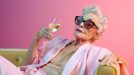 an elderly lady fashionably dressed in a pink suit with necklaces is lying in an armchair with a glass of wine in her hands