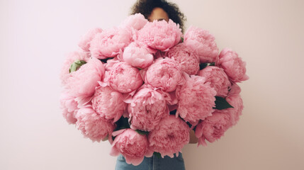 Woman holding huge bunch of pink peony flowers covering her body and face