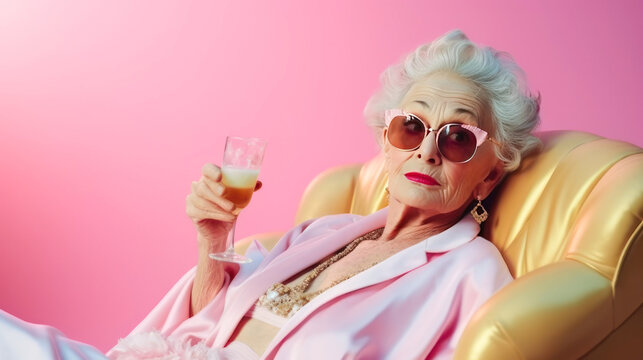 An elderly elegant woman holds a glass of wine on a pink background