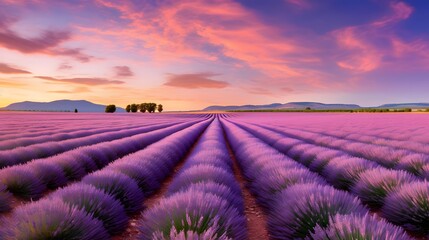 Beautiful sunset over lavender field in Provence, France
