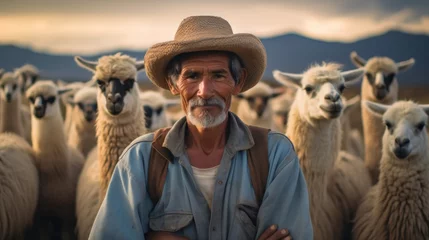 Foto op Canvas Llama farmer amidst grazing herd © javier