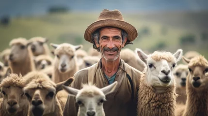 Poster Delighted llama farmer with their llamas © javier