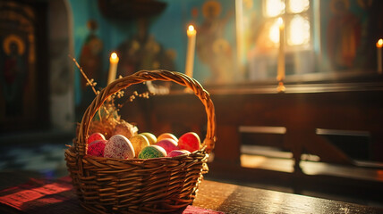 Easter eggs in a wicker basket and burning candles in the solemn atmosphere of the church