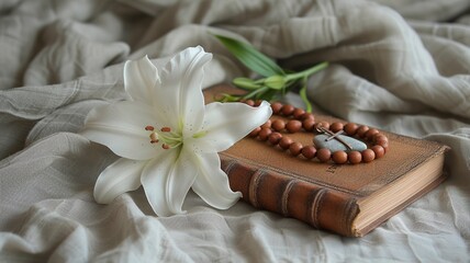 Rosary & Scripture on Light Grey Fabric Background