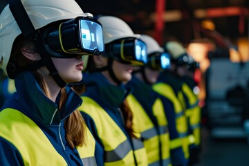 Industrial Team Using VR for Training. Industrial workers in hi-vis gear training with VR headsets. - obrazy, fototapety, plakaty