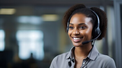Warmly smiling customer support agent dedicated to resolving inquiries - obrazy, fototapety, plakaty
