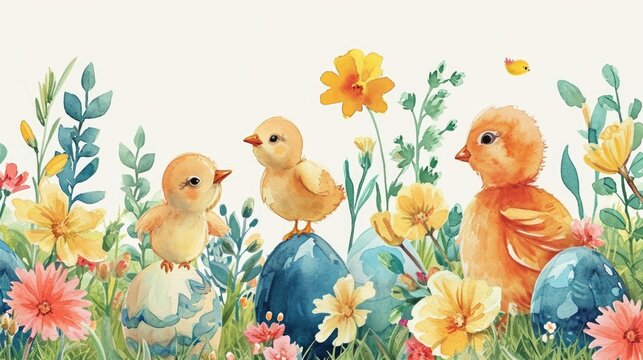 Chicks Among Easter Flowers. Chicks with Easter eggs among blooming flowers.