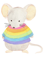 Watercolor cute mice with rainbow color cloth