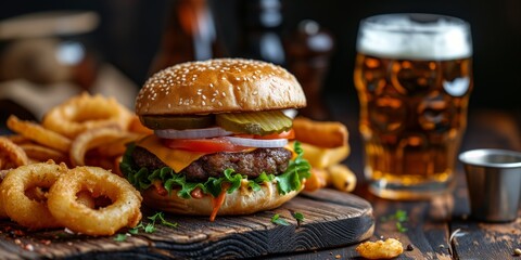 Burger with crispy bacon, potatoes fries and onion rings and glass of beer on a dark background,...