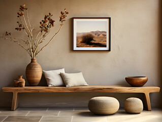 Rustic wood bench against beige stucco wall with copy space. Japandi interior design of modern entrance hall