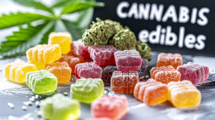 Cannabis Gummies and Buds Display.
Assorted cannabis edibles and buds on display with label.