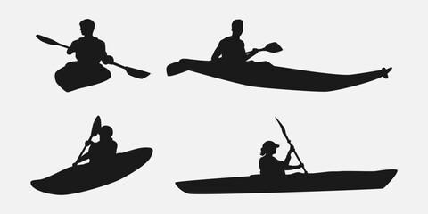 set of silhouettes of kayaking with different poses, gestures. isolated on white background. vector illustration.