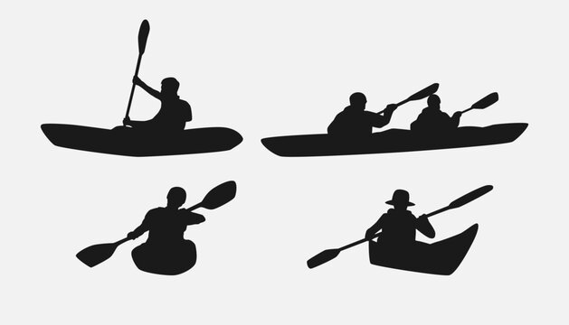 kayaking silhouette collection set. water sport, race, transport concept. different action, pose. monochrome vector illustration.