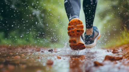 Close up of athlete feet trail running in rainy day - obrazy, fototapety, plakaty