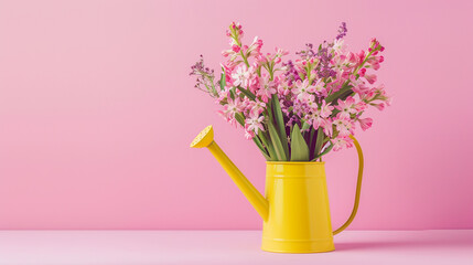 Spring flowers in watering can, Easter, mother's day, woman's day romantic concept. 