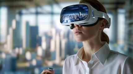 Urban Planner with VR Overlooking City Model. Woman using VR headset to view virtual city model.