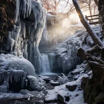 waterfall in winter, forest, mountain
