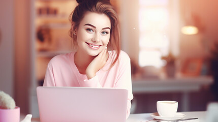 a young woman smiles while talking on the Internet