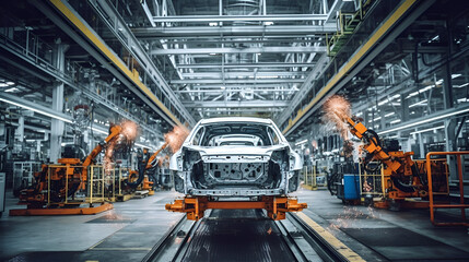 robotic arms in a car plant, robot assembly line in car factory, The robotic arm of the car production plant is working, Generative Ai - obrazy, fototapety, plakaty