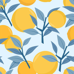 Seamless pattern of juicy oranges and blue branches with leaves