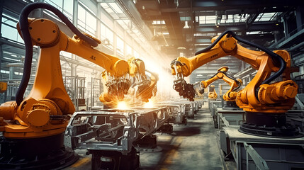 robotic arms in a car plant, robot assembly line in car factory, The robotic arm of the car production plant is working, Generative Ai