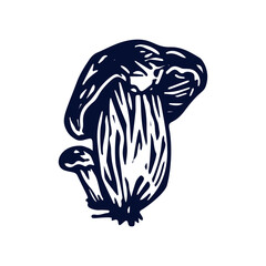 Handmade blockprint mushroom vector motif clipart in folkart scandi style. Simple monochrome linocut fungi shapes with naive rural lineart.
