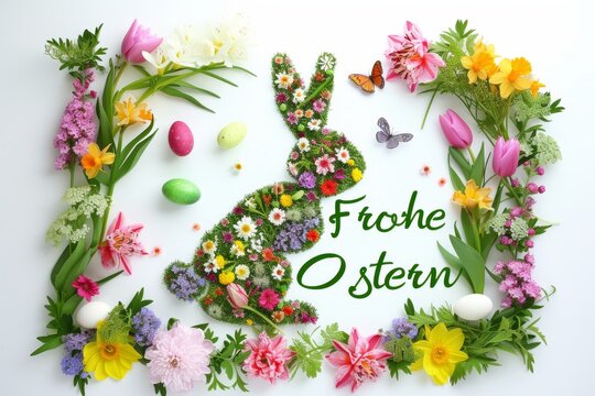 Happy Easter in German. Colorful floral Easter Bunny silhouette on white background.  Happy Easter Holiday frame.