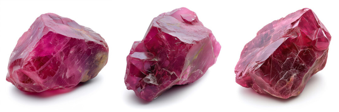 Various ruby crystals on white, rough natural gemstone for jewelry