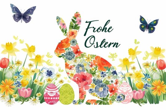 Happy Easter  german text on Celebration Card. Floral Rabbit Silhouette with Butterflies