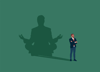 Businessman standing with yoga shadow. To calm down the stressful emotion from hard work in office. Concept of meditation. Flat vector illustration
