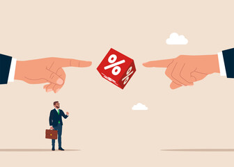 Palms arms pointing showing cube block with percentage. Interest, financial and mortgage rates. Flat vector illustration