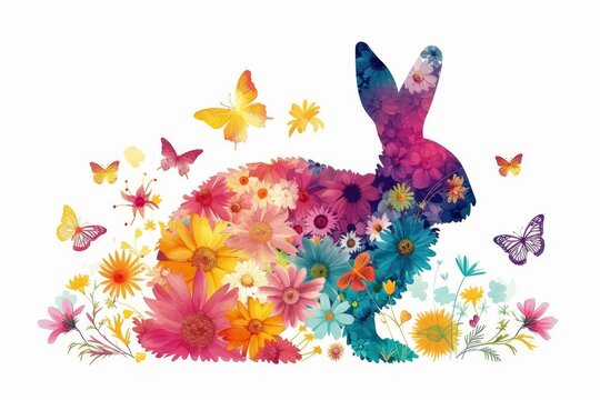 Colorful floral Easter Bunny silhouette on white background. Happy Easter Holiday Card