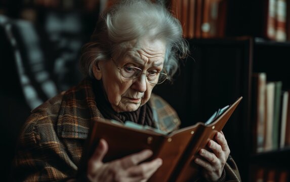 An elderly woman in glasses cherishing memories as she looks through a photo album.