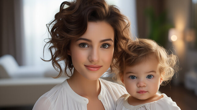 Portrait of young beautiful mom with her toddler daughter looking into the camera 