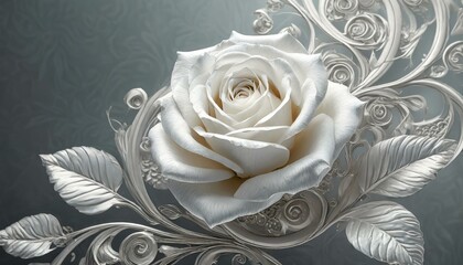 a visually appealing 3D wallpaper featuring a luxurious white rose in intricate detail against a sophisticated background. Create a composition that exudes elegance and serves as a captivating digital