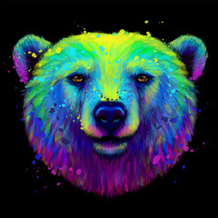 Abstract, multicolored portrait of a polar bear in watercolor style on a black background.