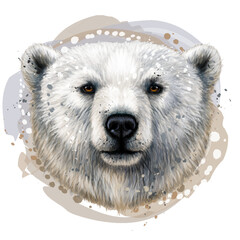 A graphic, color portrait of a polar bear in watercolor style on a white background. 