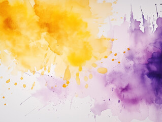Yellow and purple watercolor stains on white paper background